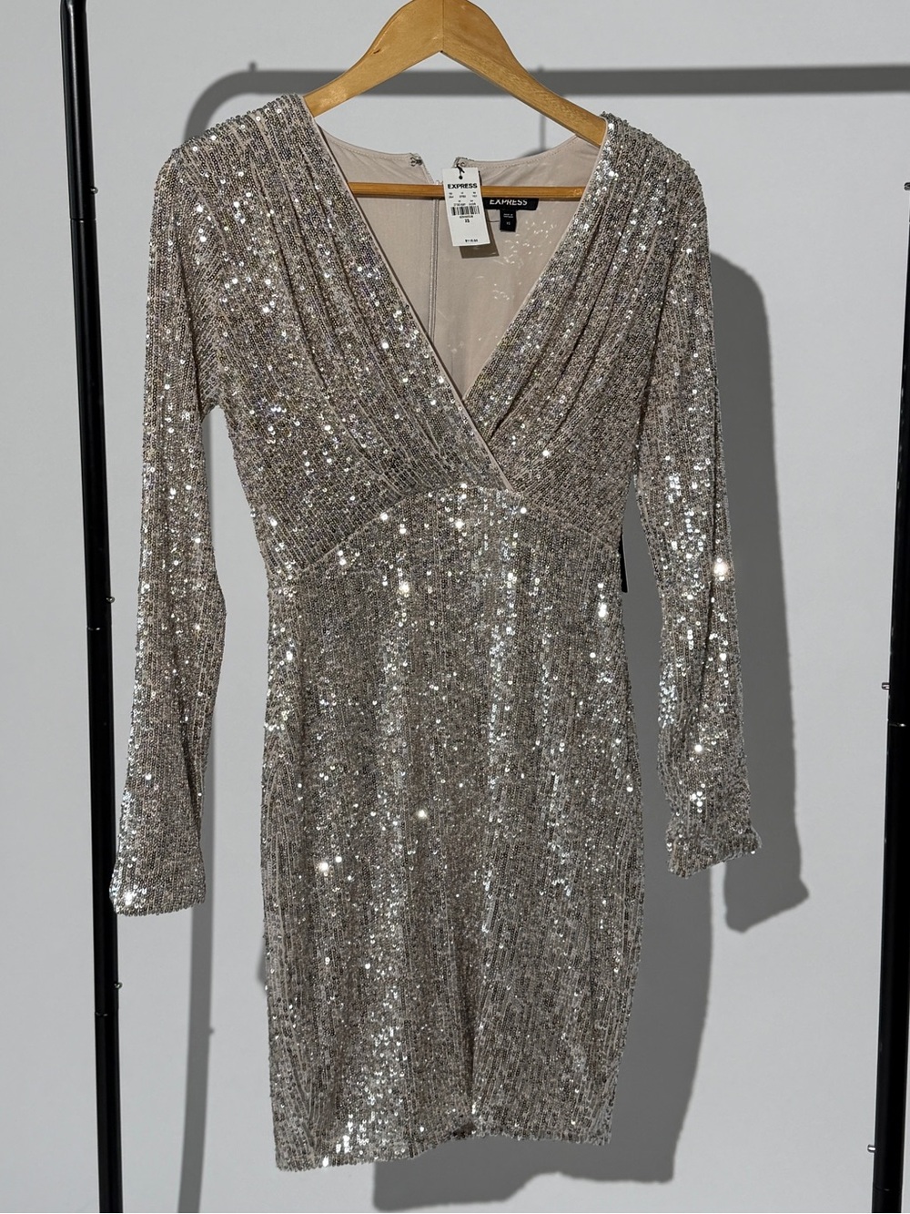 Express long sleeve sequin silver mini dress XS